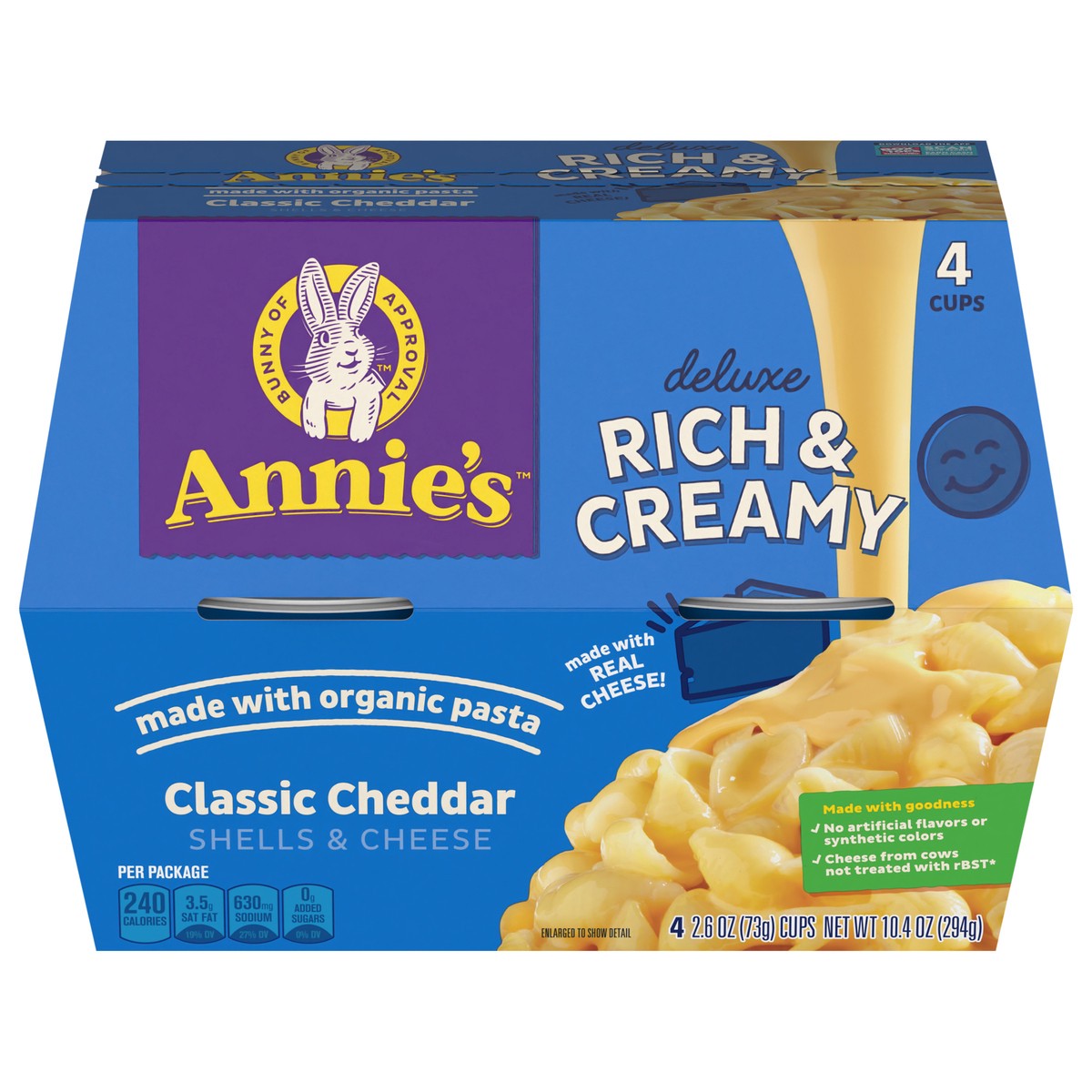slide 1 of 9, Annie's Classic Cheddar Deluxe Rich and Creamy Mac and Cheese with Organic Pasta, Made with Real Cheese, Dinner Side or Snacks, 4 Cups, 10.4 oz, 4 ct