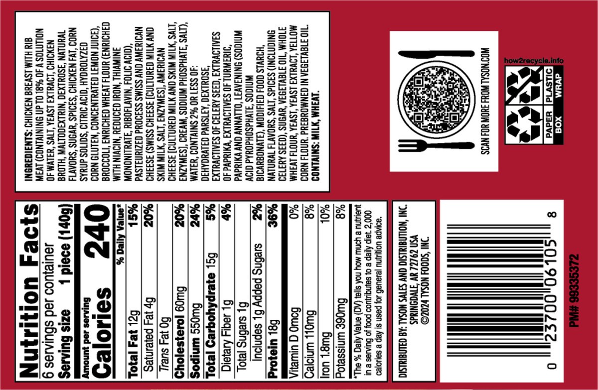 slide 6 of 16, Tyson Frozen Stuffed Chicken Breasts Broccoli Cheese, 6 Count, 6 ct