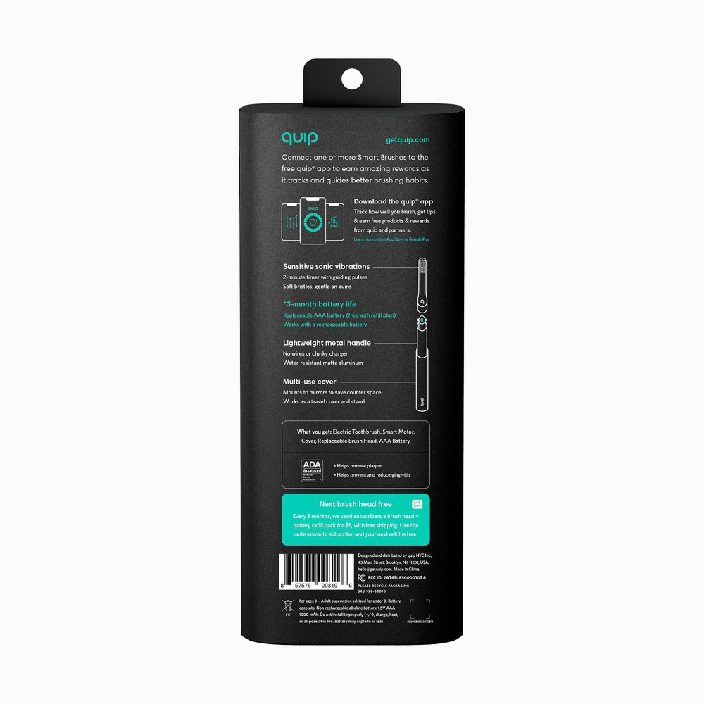slide 14 of 20, quip Metal Smart Electric Toothbrush Starter Kit Minute Timer, Bluetooth, Free App + Travel Case - All-Black - 2pk, 2 ct