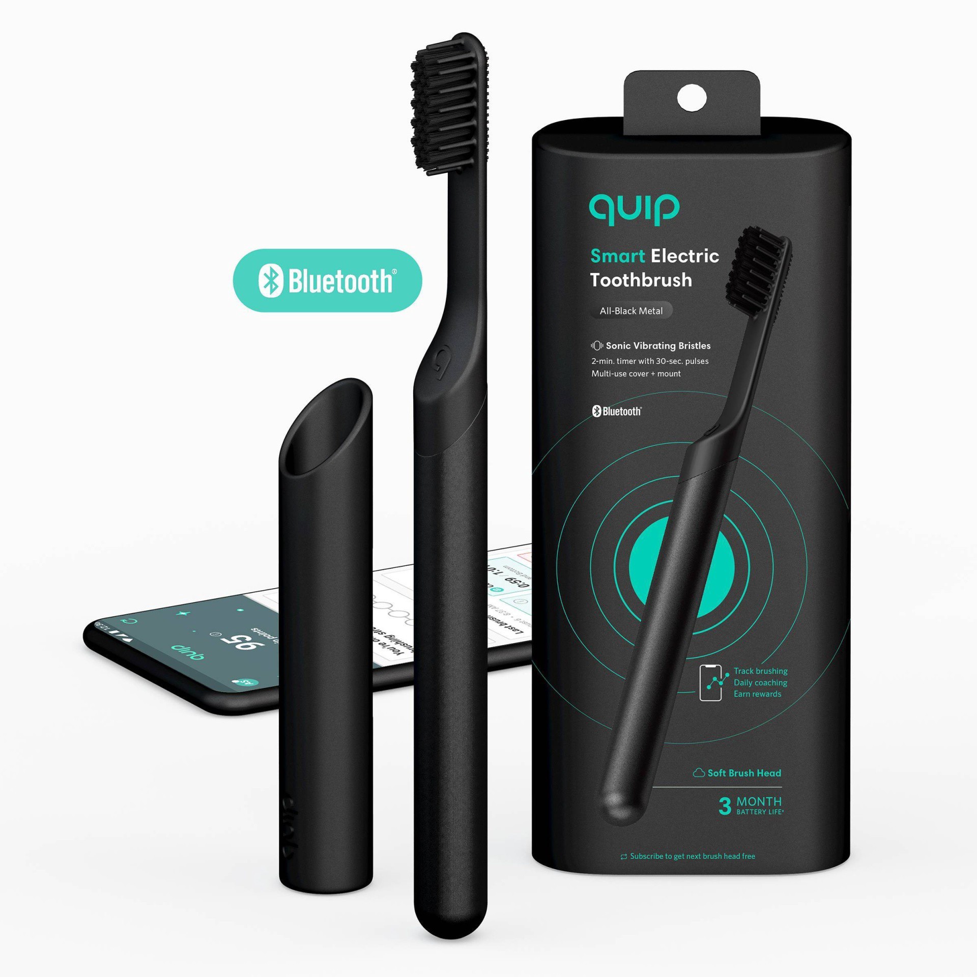 slide 1 of 20, quip Metal Smart Electric Toothbrush Starter Kit Minute Timer, Bluetooth, Free App + Travel Case - All-Black - 2pk, 2 ct