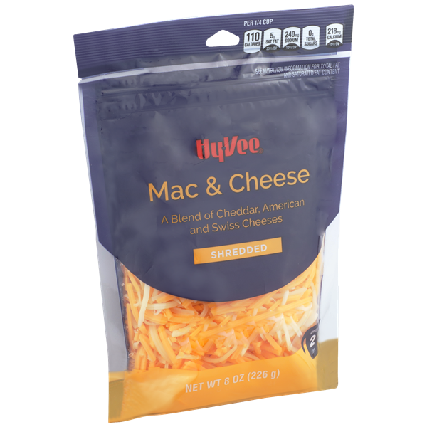 slide 1 of 1, Hy-vee Mac & Cheese A Blend Of Cheddar, American And Swiss Shredded Cheeses, 8 oz