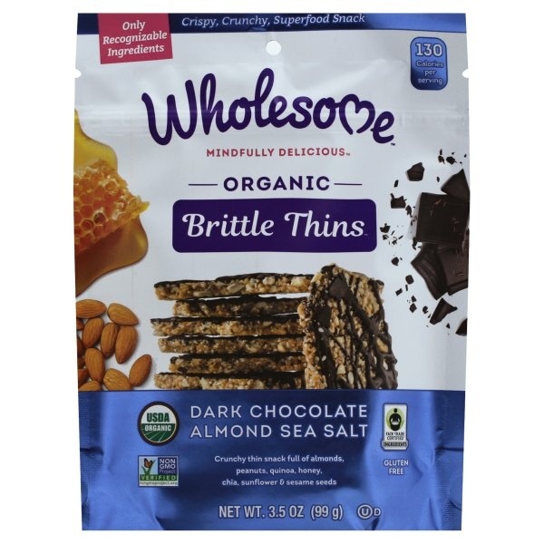 slide 1 of 1, Wholesome Dark Chocolate Almond Brittle Thins, 3.5 oz