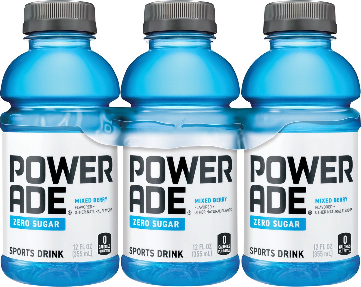 slide 8 of 11, POWERADE Zero Sugar Mixed Berry, ION4 Electrolyte Enhanced Fruit Flavored Zero Sugar Zero Calorie Sports Drink w/ Vitamins B3, B6, and B12, Sodium, Calcium, Potassium, Magnesium, 12 fl oz, 6 Pack, 6 ct; 12 fl oz