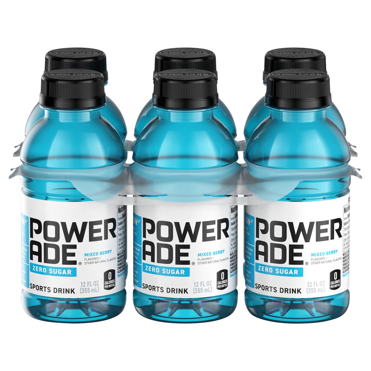 slide 11 of 11, POWERADE Zero Sugar Mixed Berry, ION4 Electrolyte Enhanced Fruit Flavored Zero Sugar Zero Calorie Sports Drink w/ Vitamins B3, B6, and B12, Sodium, Calcium, Potassium, Magnesium, 12 fl oz, 6 Pack, 6 ct; 12 fl oz