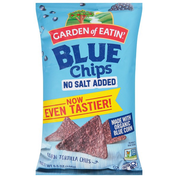 slide 1 of 1, Garden of Eatin' No Salt Added Blue Chips Corn Tortilla Chips 5.5 oz, 5 oz
