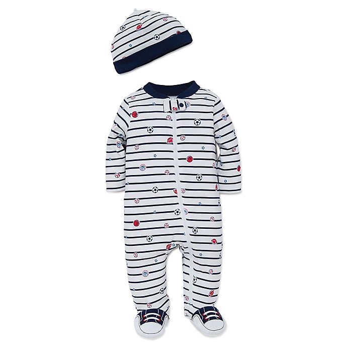 slide 1 of 1, Little Me Preemie Striped Sports Star Footie and Hat Set - White, 2 ct