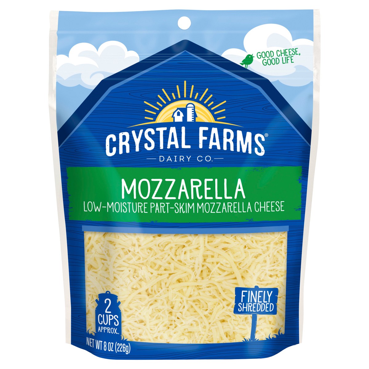 slide 1 of 1, Crystal Farms Mozzarella Cheese Low Moisture Part-Skim Finely Shredded, 8 oz