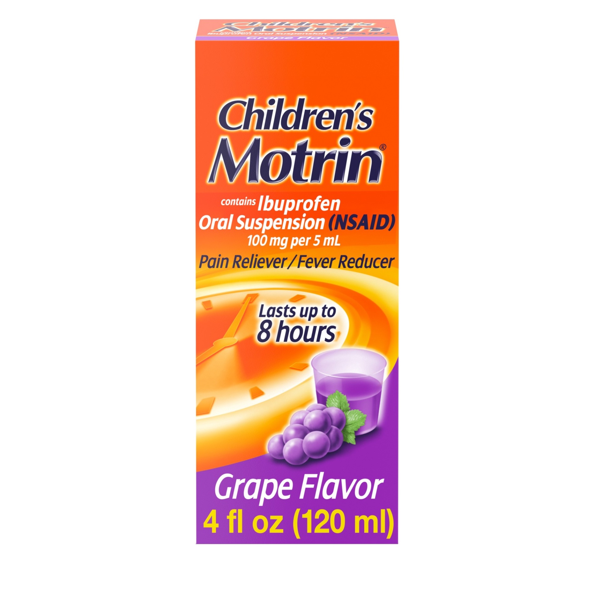 slide 1 of 10, Children's Motrin Oral Suspension, Pain Relief, Ibuprofen, Grape Flavored, 4 fl oz