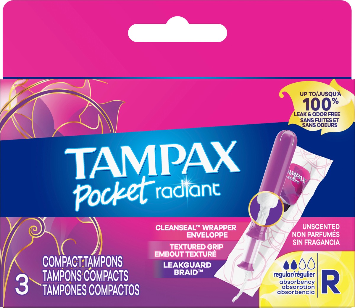 slide 4 of 7, Tampax Pocket Radiant Compact Plastic Tampons, With LeakGuard Braid, Regular Absorbency, Unscented, 3 Count, 3 ct