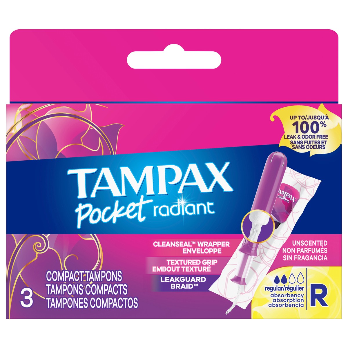 slide 1 of 7, Tampax Pocket Radiant Compact Plastic Tampons, With LeakGuard Braid, Regular Absorbency, Unscented, 3 Count, 3 ct
