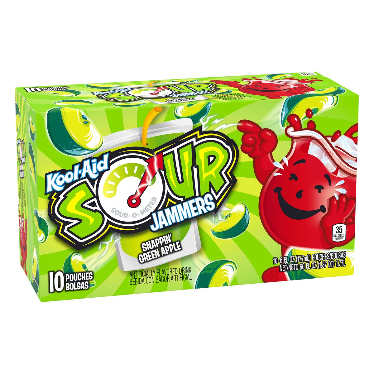 slide 2 of 10, Kool-Aid Sour Jammers Snappin' Green Apple Artificially Flavored Soft Drink Pouches, 60 fl oz