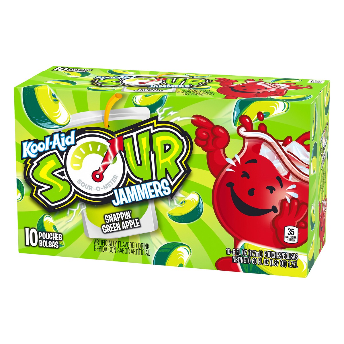 slide 3 of 10, Kool-Aid Sour Jammers Snappin' Green Apple Artificially Flavored Soft Drink Pouches, 60 fl oz