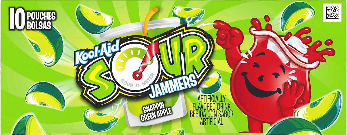 slide 6 of 10, Kool-Aid Sour Jammers Snappin' Green Apple Artificially Flavored Soft Drink Pouches, 60 fl oz