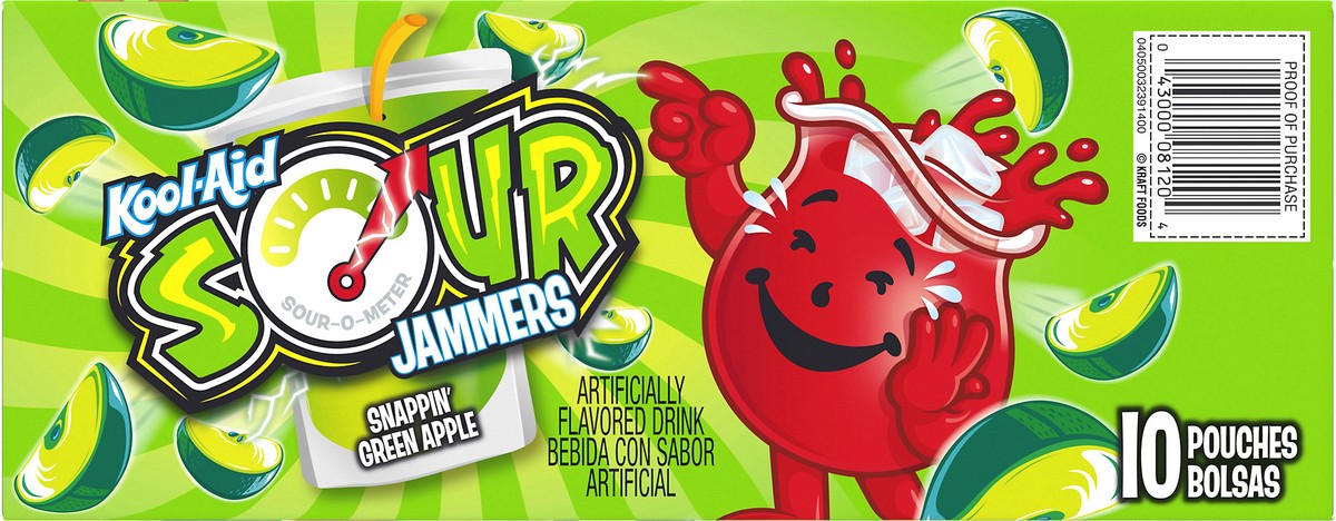 slide 8 of 10, Kool-Aid Sour Jammers Snappin' Green Apple Artificially Flavored Soft Drink Pouches, 60 fl oz