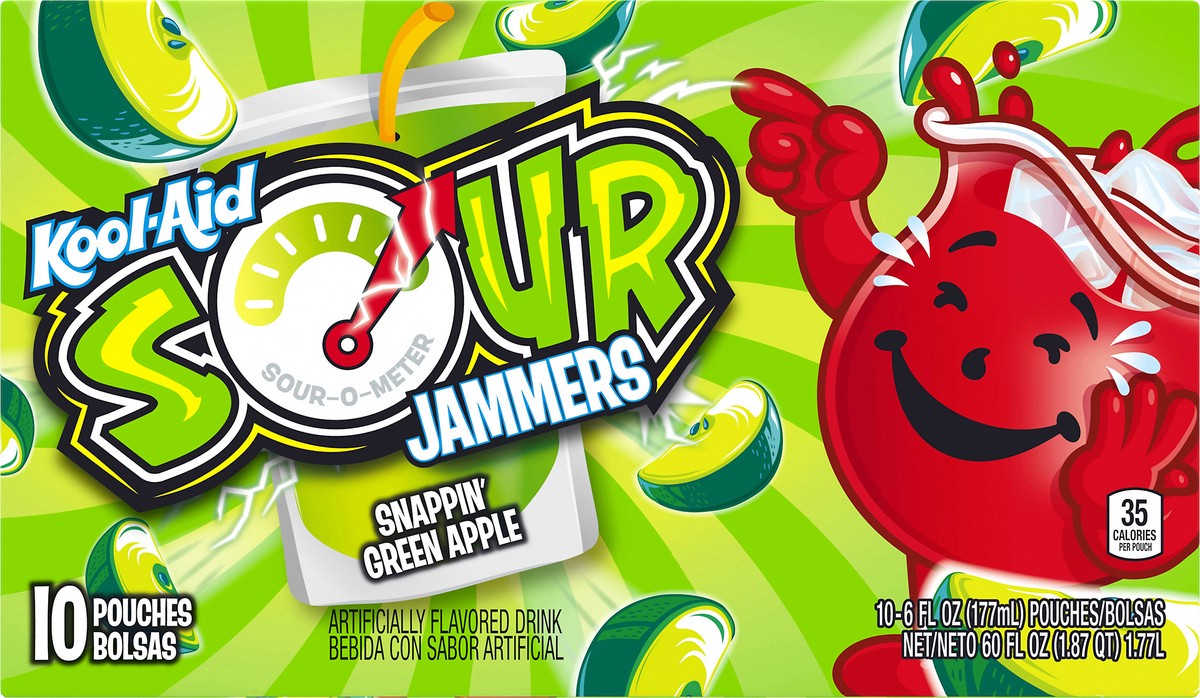 slide 9 of 10, Kool-Aid Sour Jammers Snappin' Green Apple Artificially Flavored Soft Drink Pouches, 60 fl oz