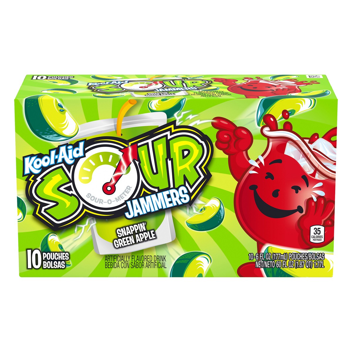 slide 1 of 10, Kool-Aid Sour Jammers Snappin' Green Apple Artificially Flavored Soft Drink Pouches, 60 fl oz