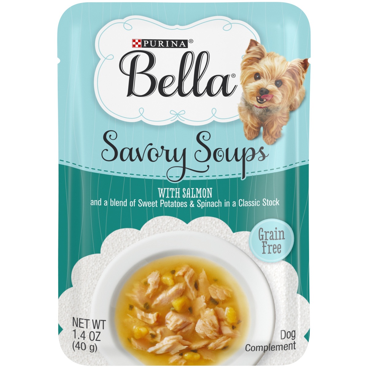 slide 1 of 9, Purina Bella Savory Soups With Salmon And A Blend Of Sweet Potatoes & Spinach, 1.4 oz