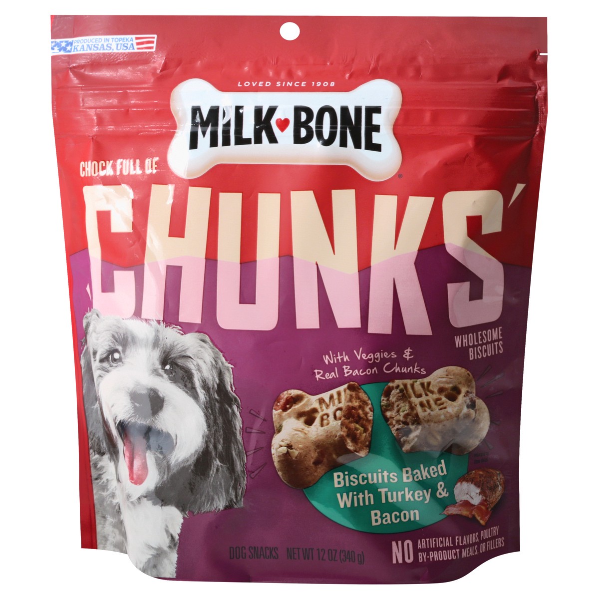 slide 8 of 11, Milk-Bone Chunks Biscuits Baked with Turkey & Bacon Dog Snacks 12 oz, 12 oz