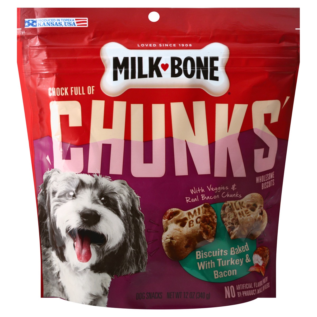 slide 1 of 11, Milk-Bone Chunks Biscuits Baked with Turkey & Bacon Dog Snacks 12 oz, 12 oz