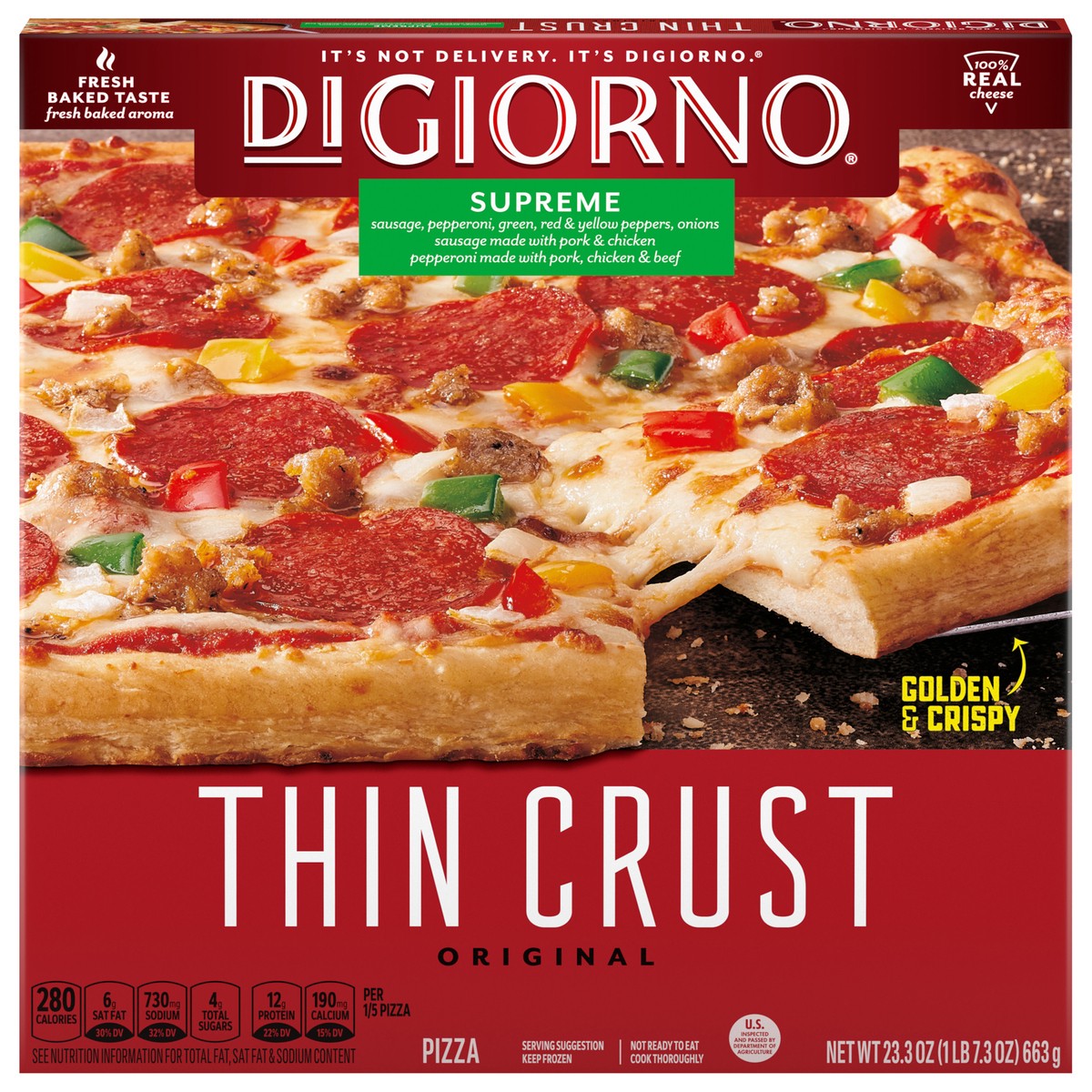 slide 1 of 8, DiGiorno Thin Crust Original Supreme 12in Frozen Pizza, 23.3 oz