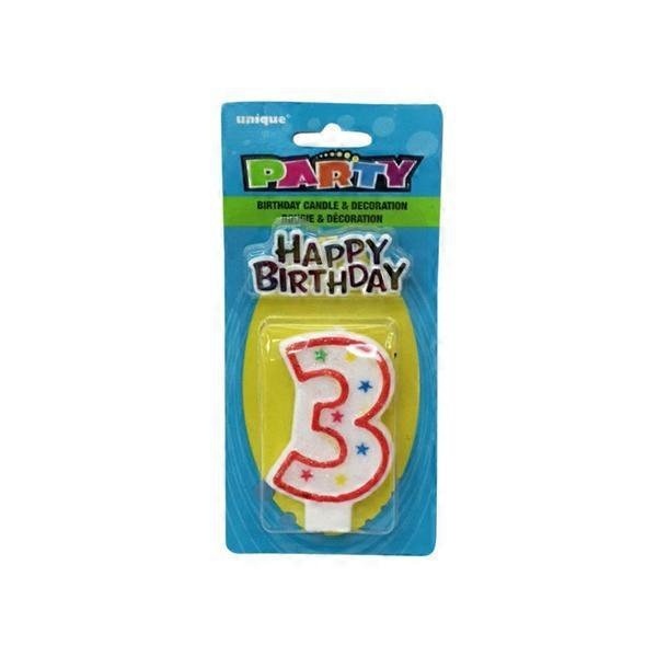 slide 1 of 1, Unique Industries Numeral 3 Glitter Candle With Cake Decoration, 1 ct