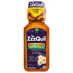 Vicks ZzzQuil Liquid Sleep Aid, Soothing Sleep, Diphenhydramine 50mg HCl, Chamomile Honey Flavored, Nighttime Sleep Aid Liquid, Sleep Aids for Adults, 12 FL OZ