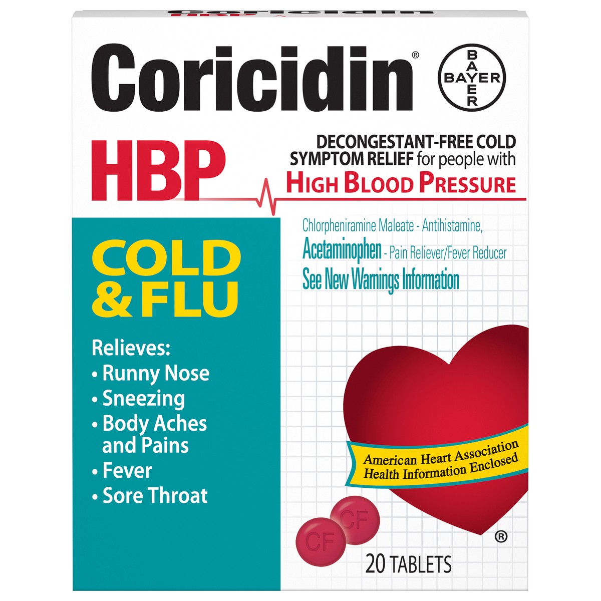 slide 1 of 1, Coricidin Tablets Hbp Cold & Flu 20 ea Box, 20 ct