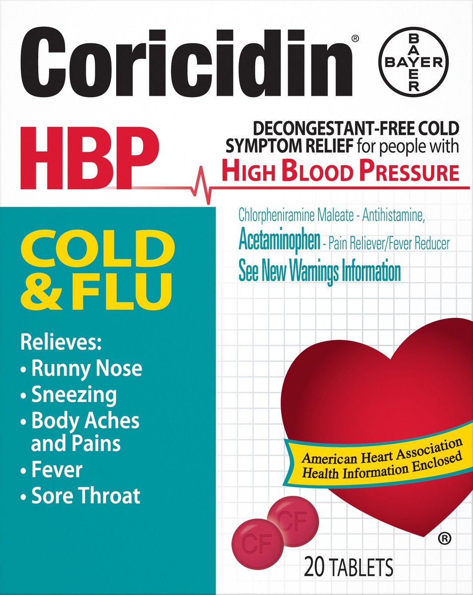 slide 1 of 1, Coricidin Tablets Hbp Cold & Flu 20 ea Box, 20 ct