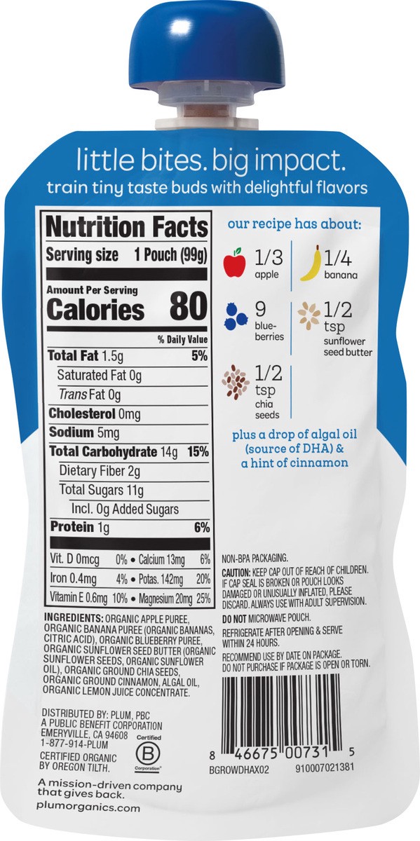 slide 5 of 6, Plum Organics Organic Stage 2 (6 Months & Up) Apple, Banana, Blueberry & Sunflower Seed Butter Baby Food 3.5 oz, 3.5 oz