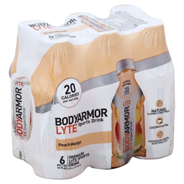 slide 1 of 4, BODYARMOR Sports Drink, Premium, Lyte, Peach Mango - 6 ct; 16 fl oz, 6 ct; 16 fl oz