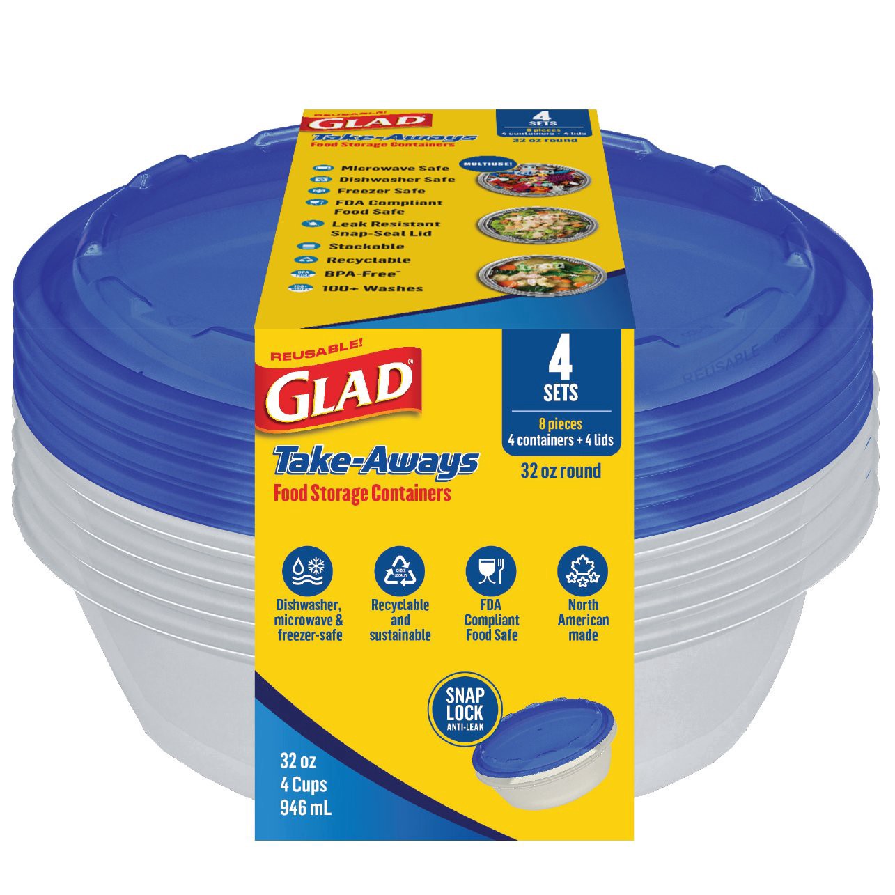 slide 1 of 1, Glad Take-Aways Round Food Storage Containers, 4 pk, 32 oz