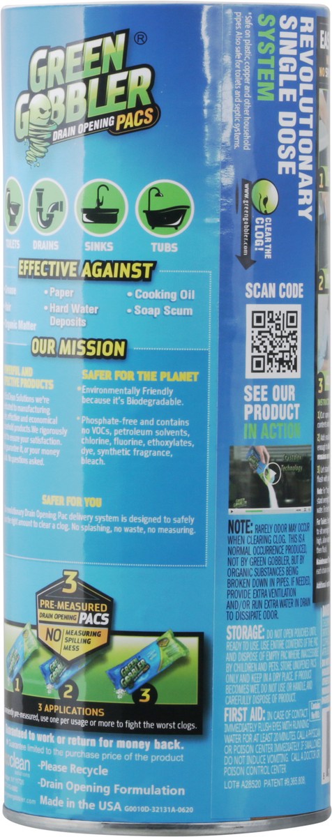 slide 3 of 11, Green Gobbler Drain Opening Pacs 3 - 6.53 oz Packs, 3 ct