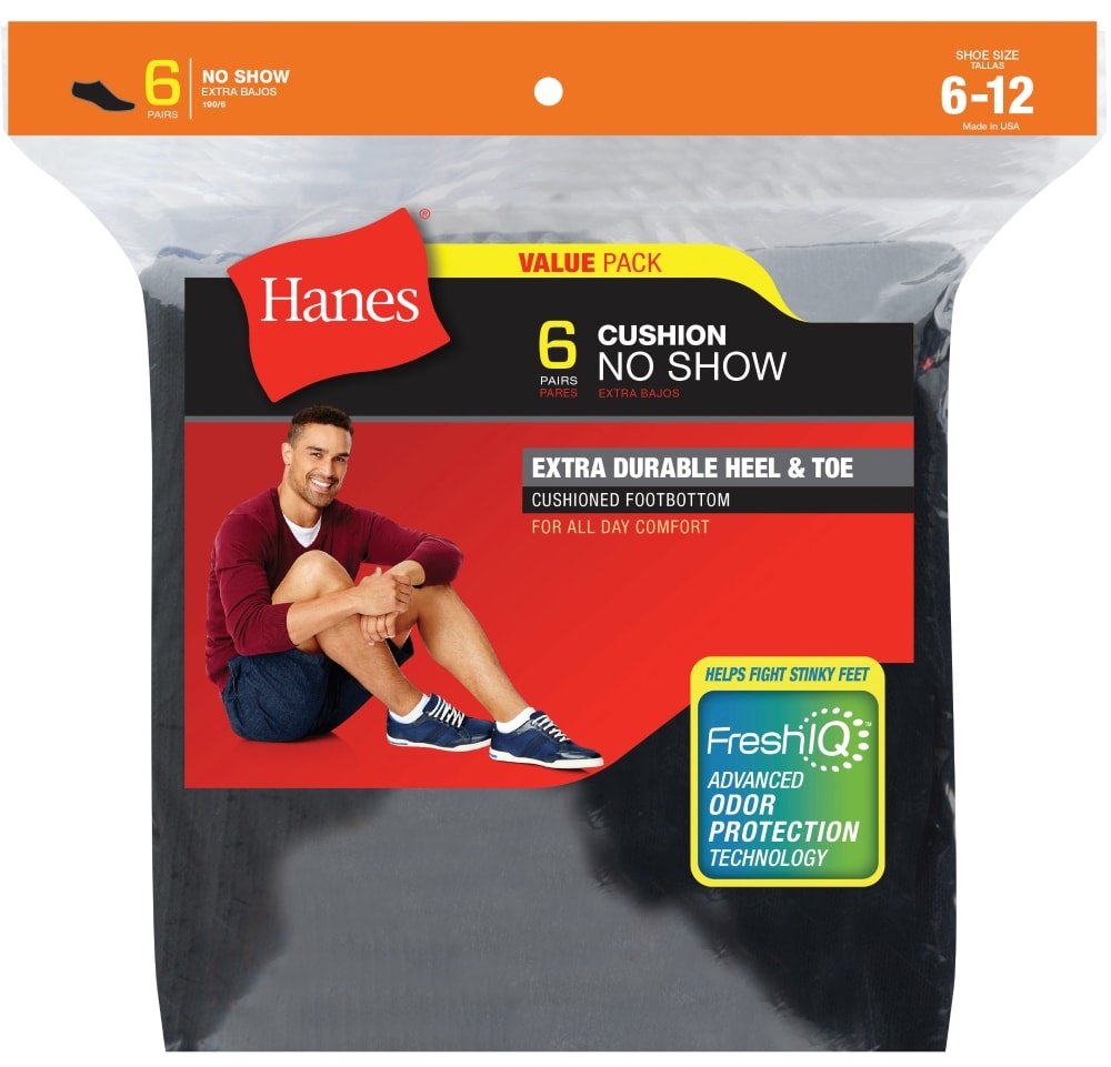 slide 1 of 1, Hanes Cushion No Show Socks - Black, 6 ct