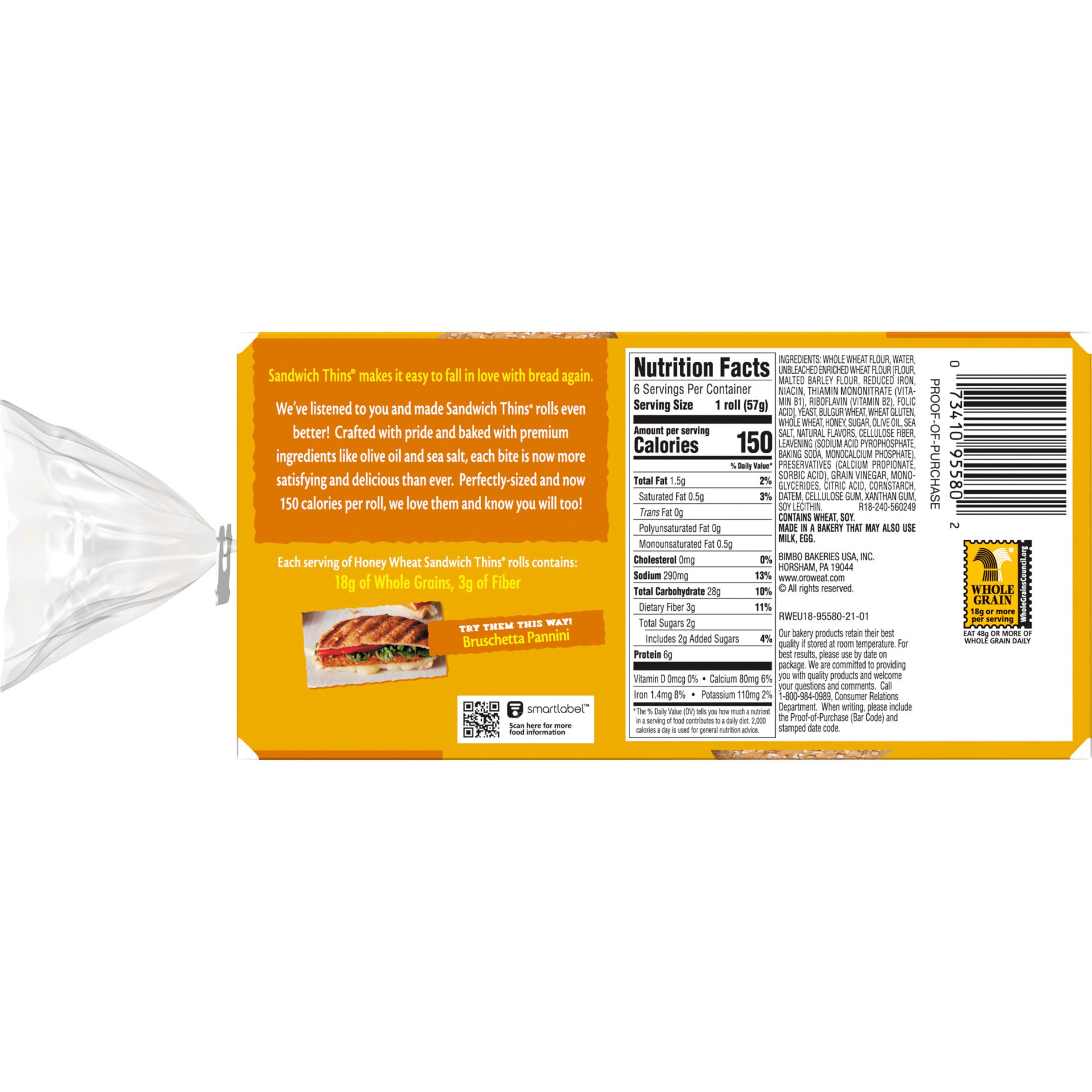 slide 2 of 5, Oroweat Honey Wheat Sandwich Thins, 6 count, 12 oz, 6 ct