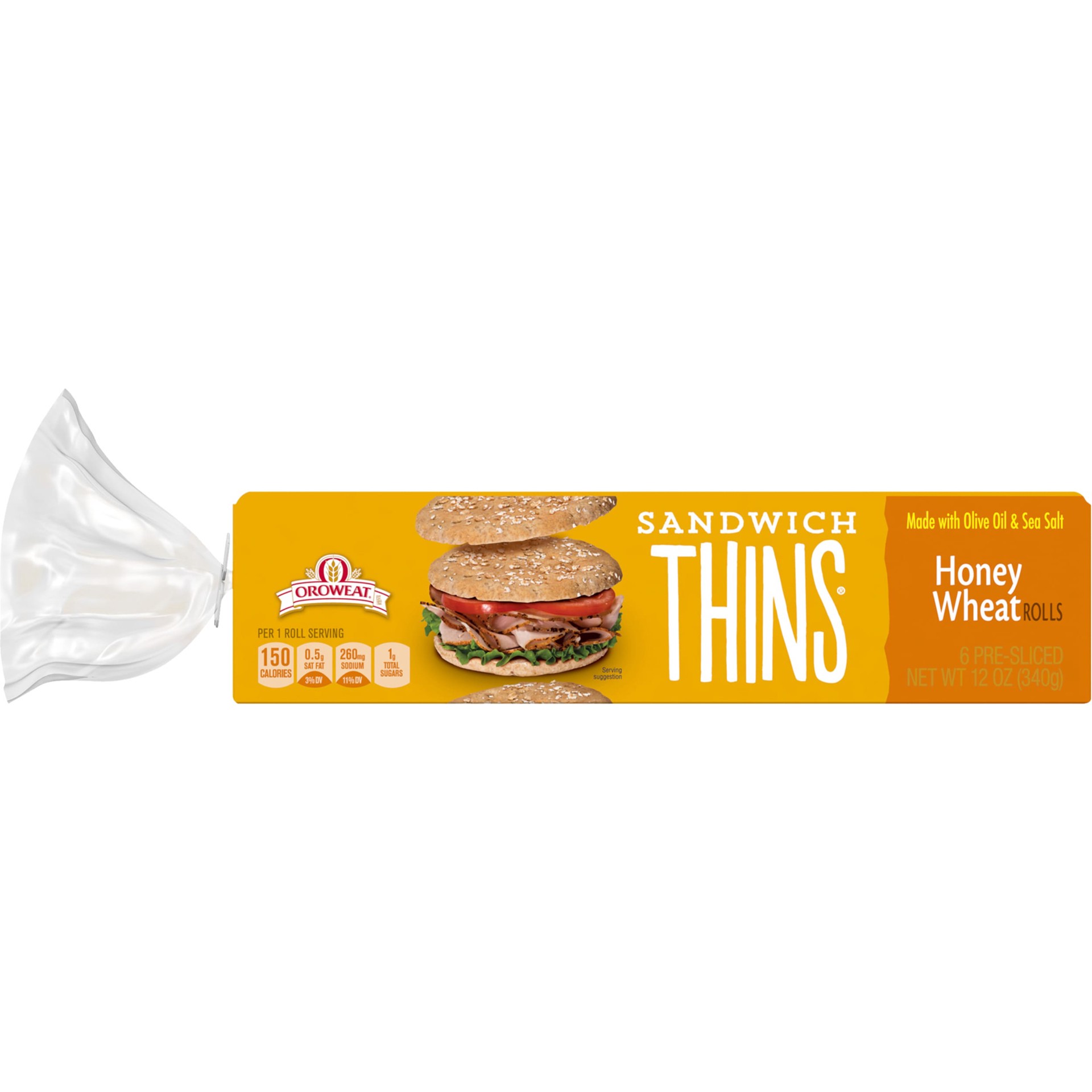 slide 1 of 5, Oroweat Honey Wheat Sandwich Thins, 6 count, 12 oz, 6 ct