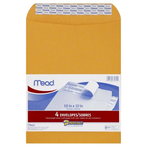 slide 1 of 1, Mead Sealit Open End Envelopes, 4 ct; 10 in x 13 in