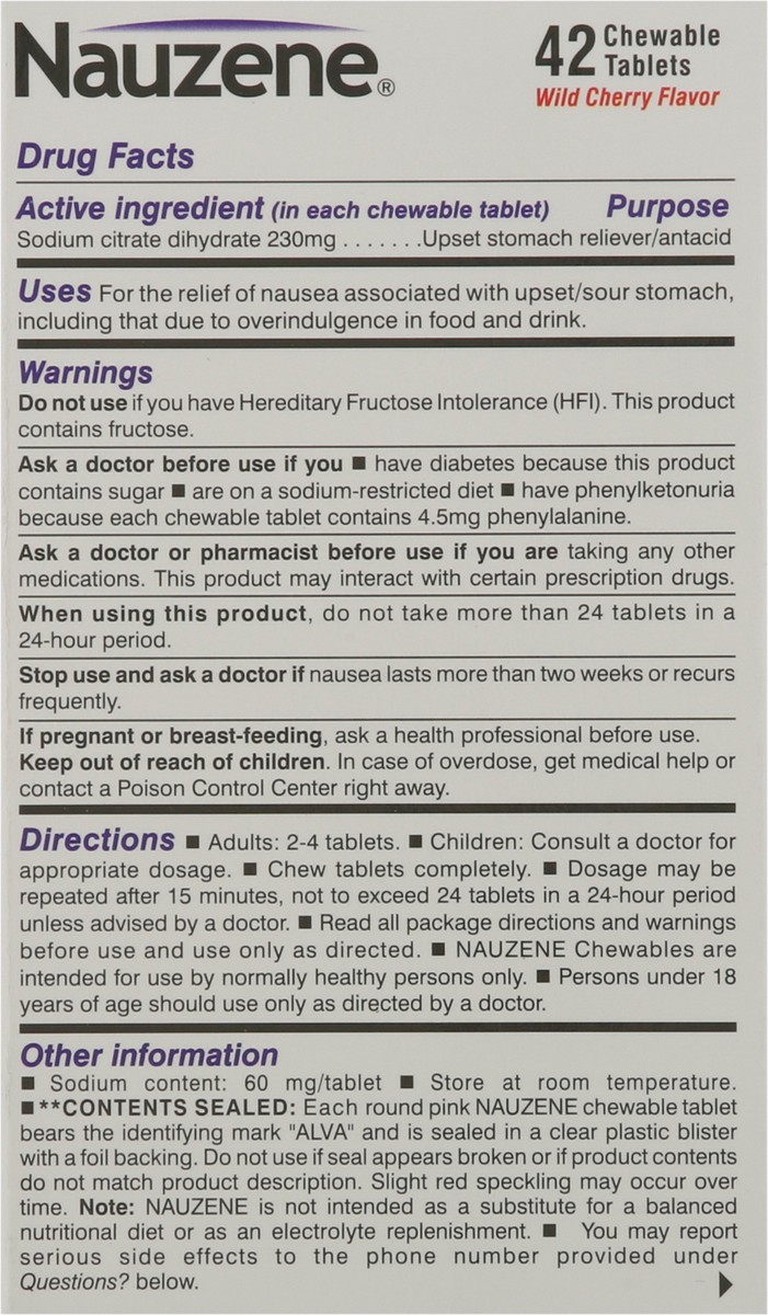 slide 4 of 9, Nauzene Non-Drowsy Wild Cherry Flavor Upset Stomach & Nausea 42 Chewable Tablets, 42 ct