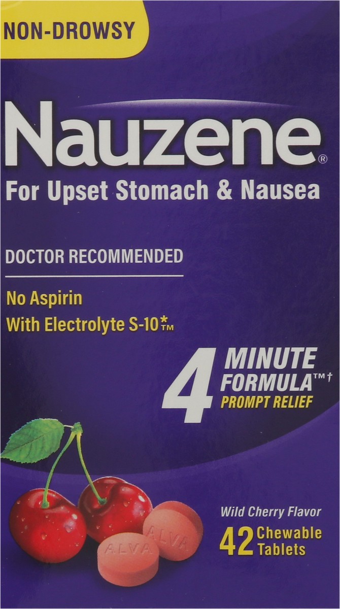 slide 5 of 9, Nauzene Non-Drowsy Wild Cherry Flavor Upset Stomach & Nausea 42 Chewable Tablets, 42 ct