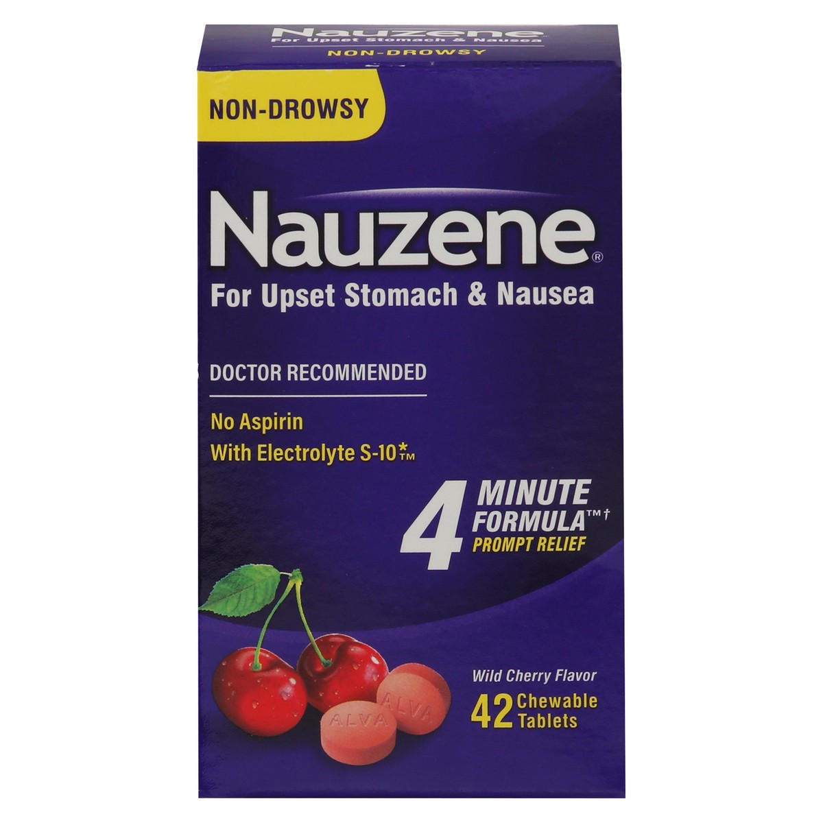 slide 1 of 9, Nauzene Non-Drowsy Wild Cherry Flavor Upset Stomach & Nausea 42 Chewable Tablets, 42 ct