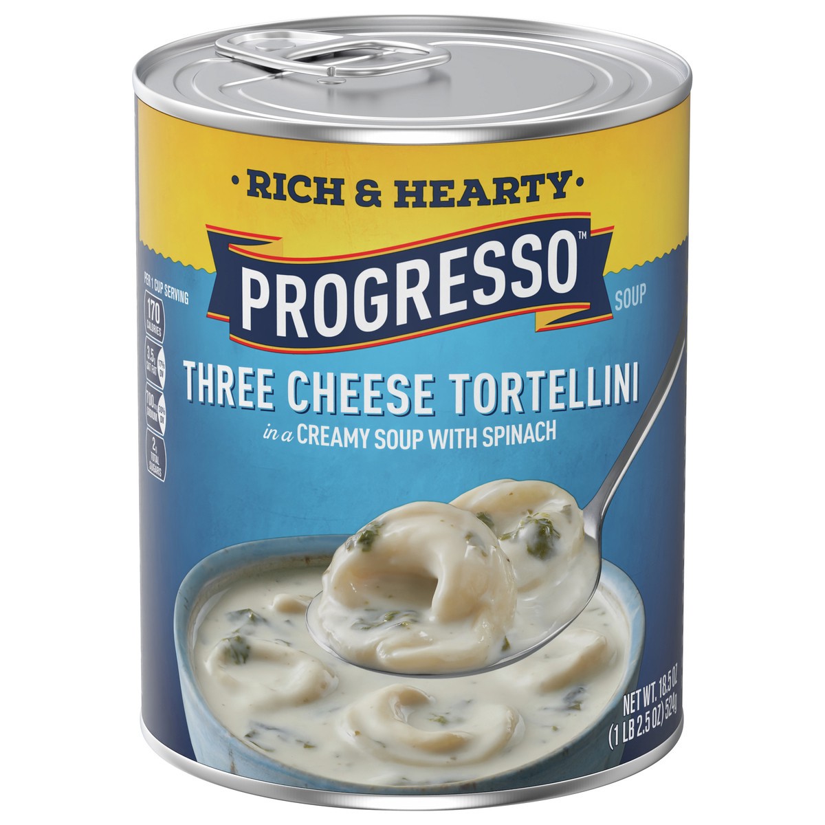 slide 1 of 9, Progresso Rich & Hearty, Three Cheese Tortellini in a Creamy Soup With Spinach, 18.5 oz., 18.5 oz