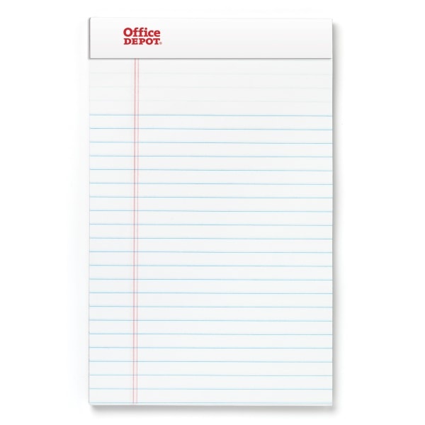 slide 1 of 1, Office Depot Brand Perforated Writing Pads, 5'' X 8'', Narrow Ruled, 50 Sheets, White, Pack Of 12 Pads, 12 ct