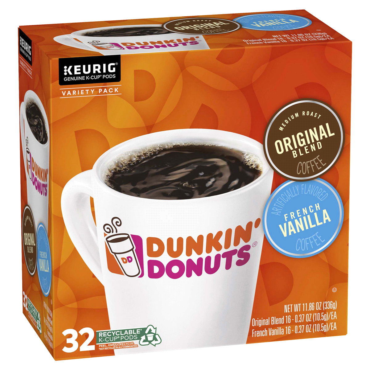 slide 1 of 1, Dunkin' Original Blend & French Vanilla Ground Coffee K-Cup Pods, Variety Pack, 32 ct