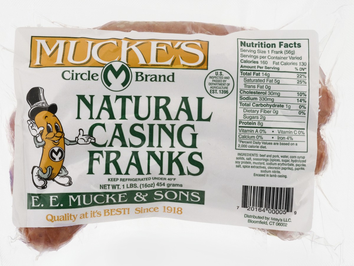 slide 1 of 13, Mucke's Natural Casing Franks 16 oz, 16 oz