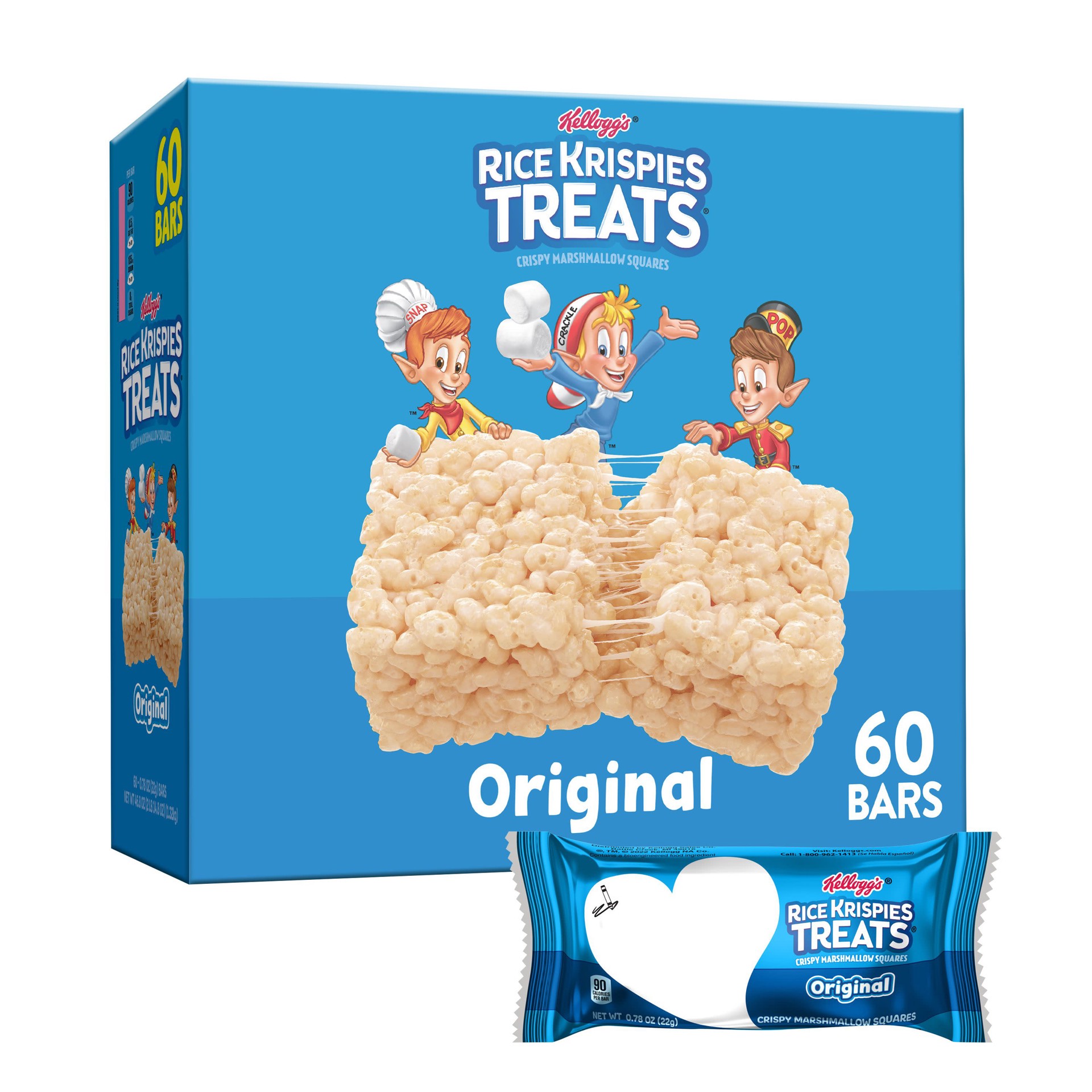 slide 1 of 7, Rice Krispies Treats Crispy Marshmallow Squares, Kids Snacks, Snack Bars, Original, 46.8oz Box, 60 Bars, 46.8 oz