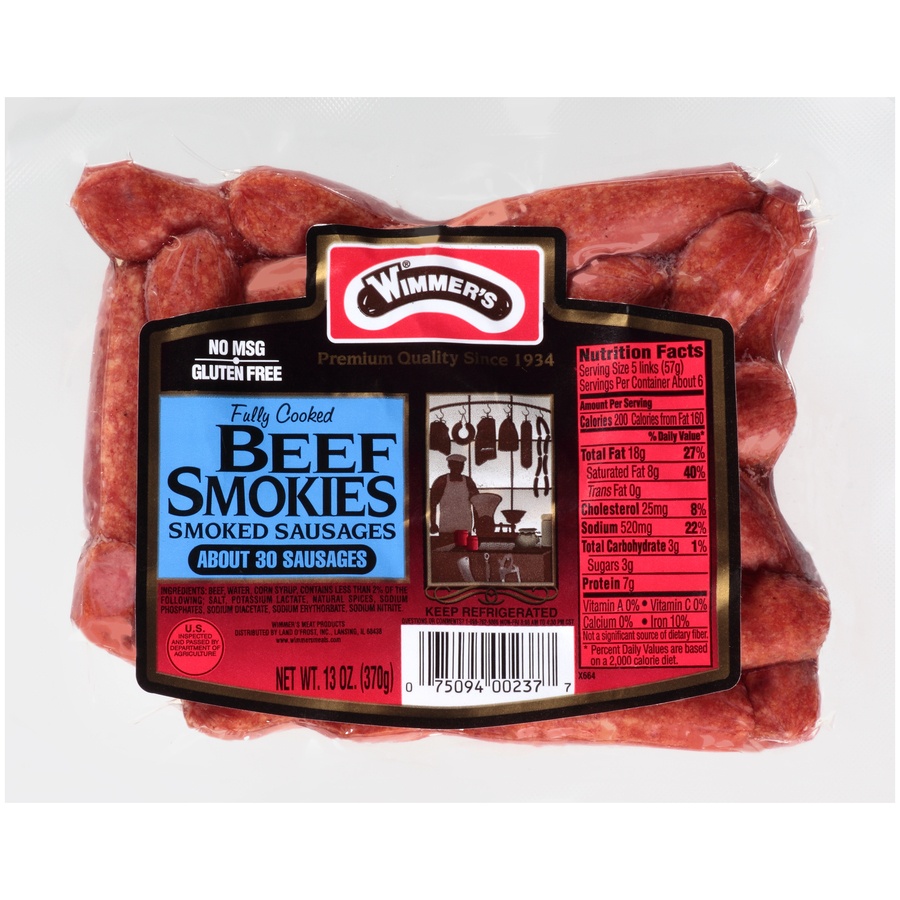 slide 1 of 5, Wimmer's Fully Cooked Beef Smokies Smoked Sausages, 13 oz