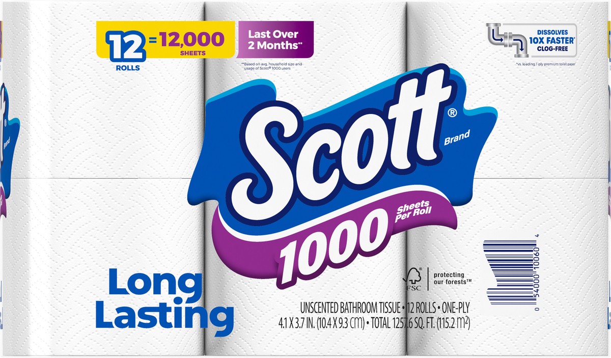 slide 7 of 9, Scott 1000 Toilet Paper, 12 Rolls, Septic-Safe, 1-Ply Toilet Tissue, 12 ct