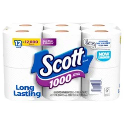 Scott 1000 Toilet Paper, 12 Rolls, Septic-Safe, 1-Ply Toilet Tissue