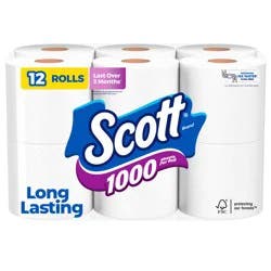 Scott 1000 Toilet Paper, 12 Rolls, Septic-Safe, 1-Ply Toilet Tissue