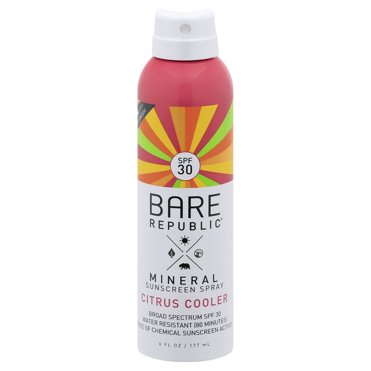 slide 1 of 11, Bare Republic Mineral Broad Spectrum SPF 30 Citrus Cooler Sunscreen Spray 6 oz, 6 oz