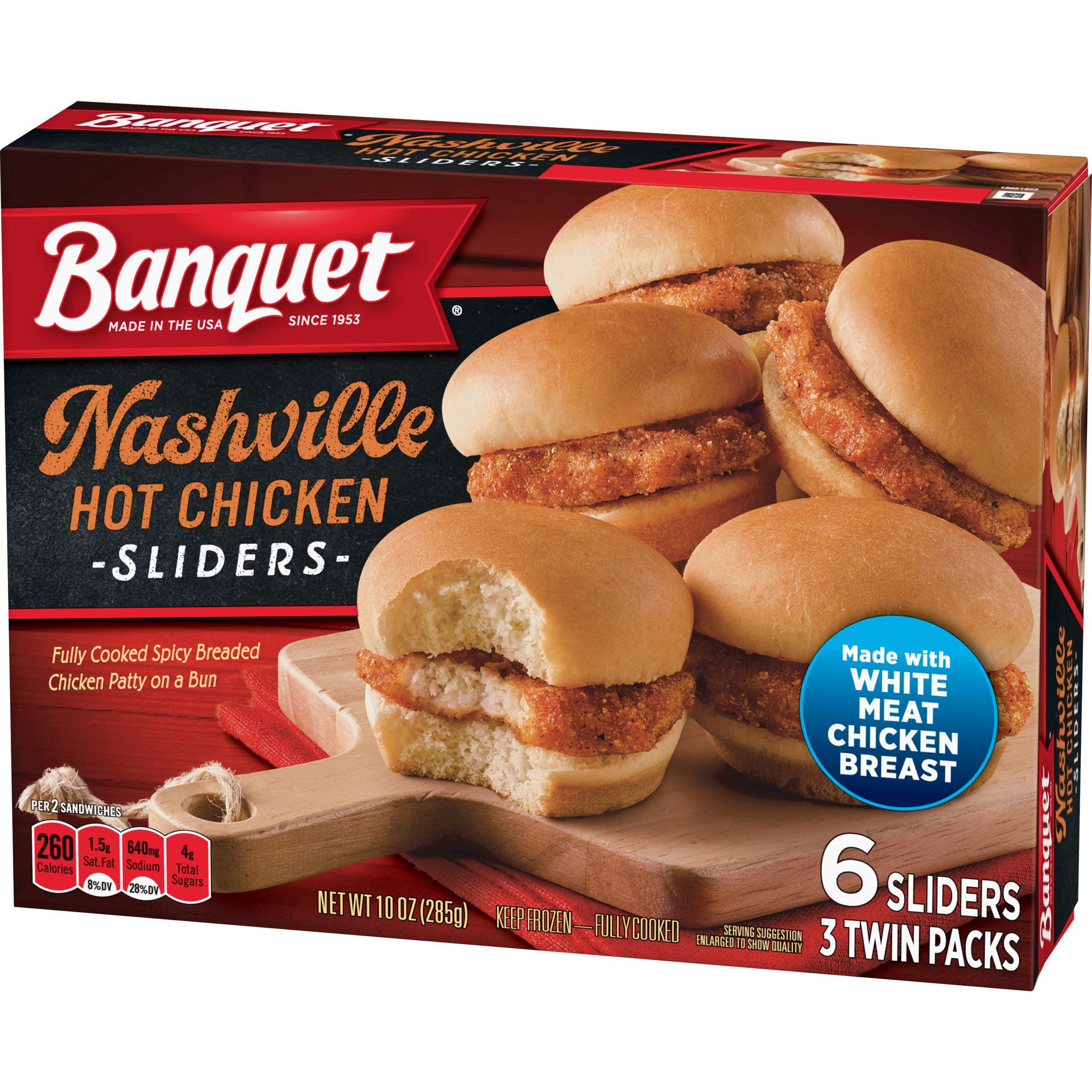 slide 2 of 5, Banquet Frozen Meal, Nashville Hot Chicken Sliders, (3) 3.6 Ounce Twin-Packs, 10 oz